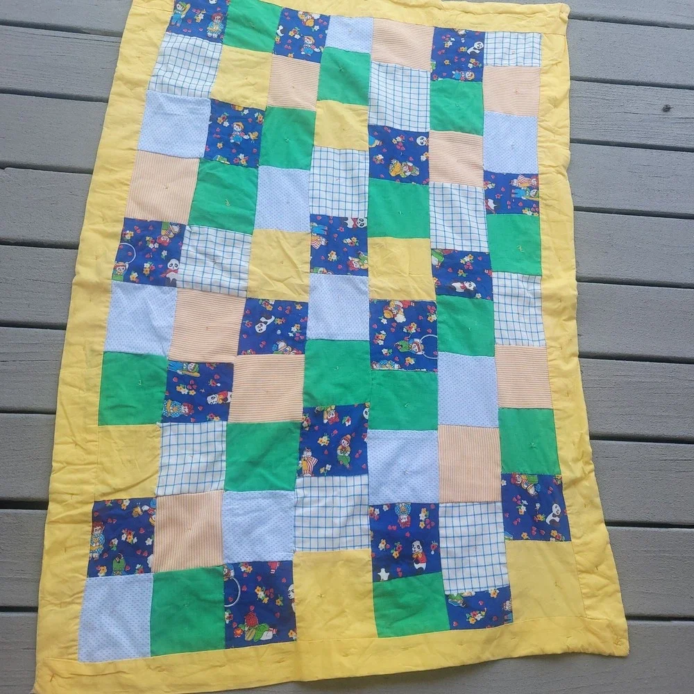 Vintage Handmade Baby Toddler Quilt 36x52 Clown Panda Square Block Circus